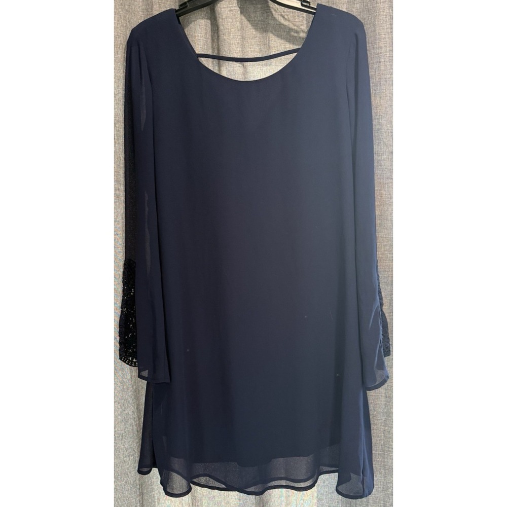 Speechless Navy Blue Lined Long bell Crochet Sleeve V-Back Strap Dress Size L